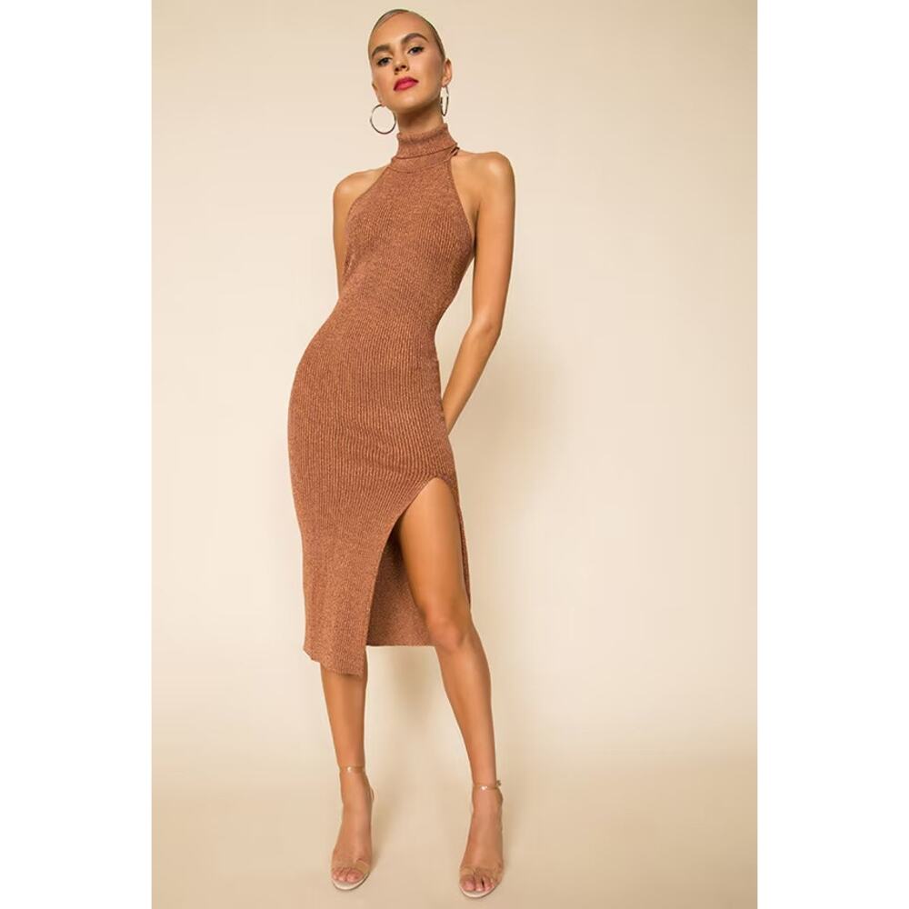 [Superdown] Copper Metallic Arima Halter Neck Knit Midi Sweater Dress Sz Small S